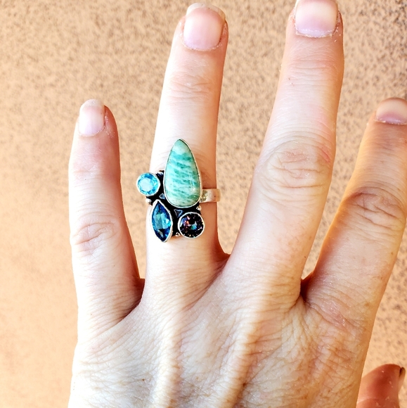 New Amazonite, Blue Quartz, Mystic Topaz 925 Silver Ring. - Picture 13 of 14